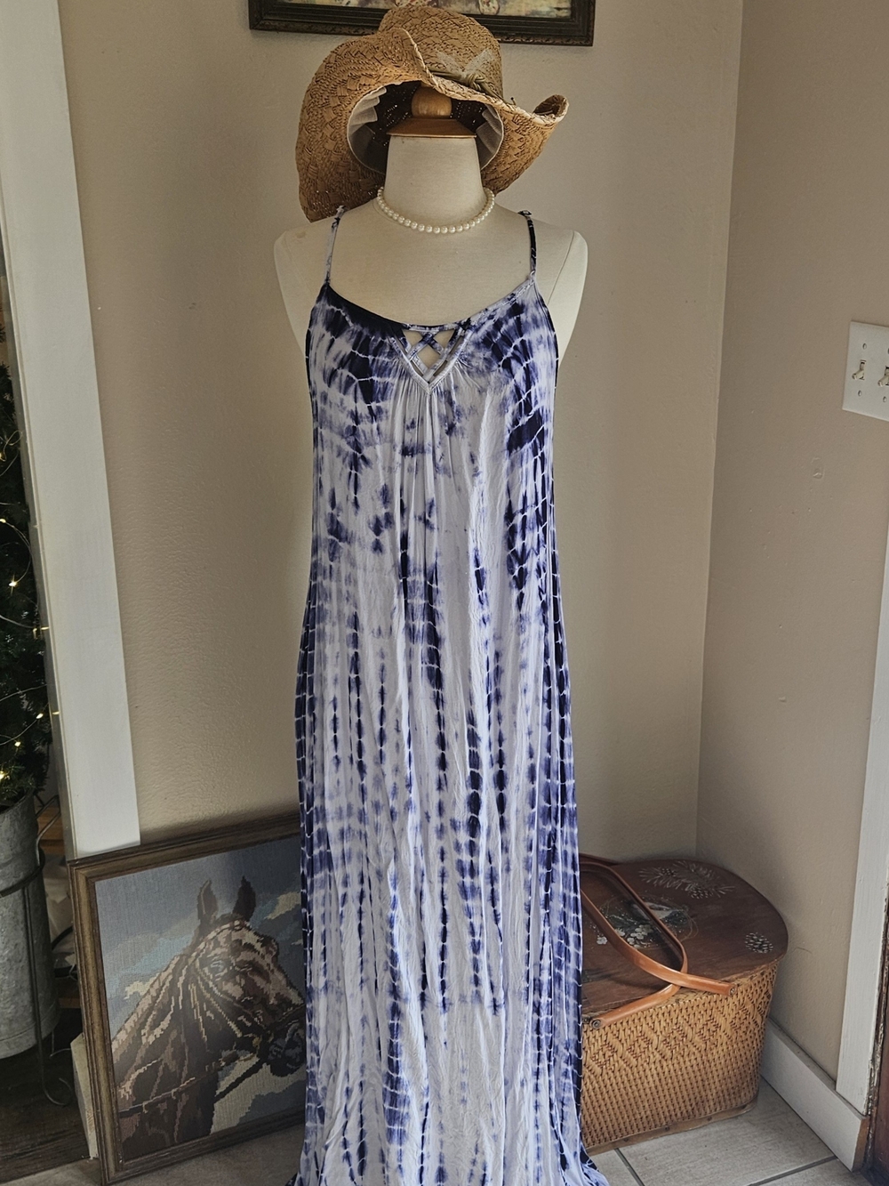 Blue Tie-Dye Spaghetti Strap Maxi Dress